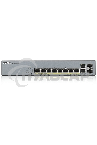 Коммутатор Zyxel GS1350-12HP, 10xGE (8xPoE+), 2xSFP, бюджет PoE 130 Вт, дальность передачи питания до 250 м, автоперезагрузка PoE-портов, повышенная защита от перенапряжений и электростатических разрядов
