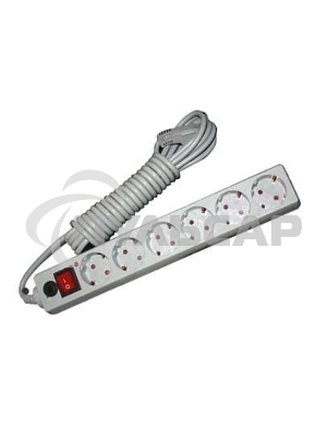 Удлинитель с сетевым фильтром 6х5м с заземл. 10А IP20 защ. шторки ПВС 3х0.75 сер. UNIVersal 967U-5005