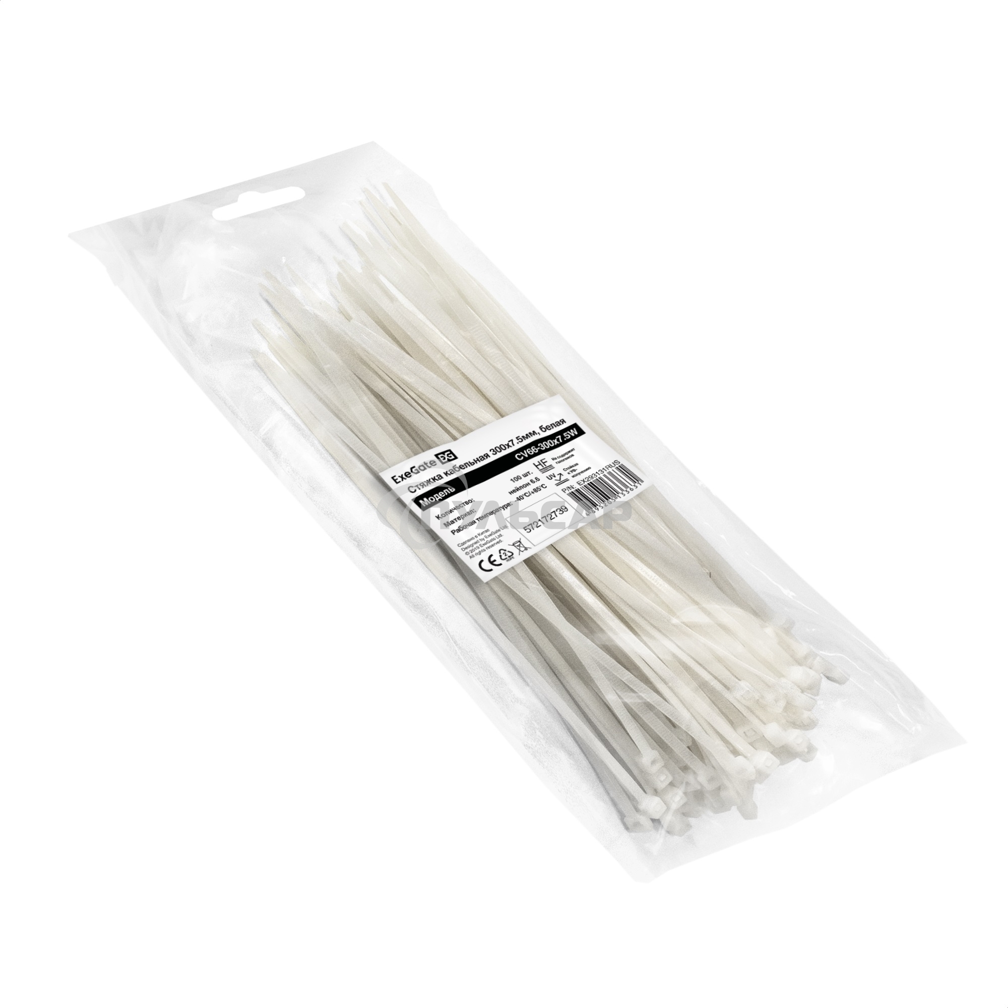 Стяжка (хомут) нейлоновая ExeGate EX293131RUS CV66-300x7.5W (нейлон 6.6, 300x7.5мм, неоткрывающаяся, halogen free, -40°C - +85°C, белая, 100 шт)