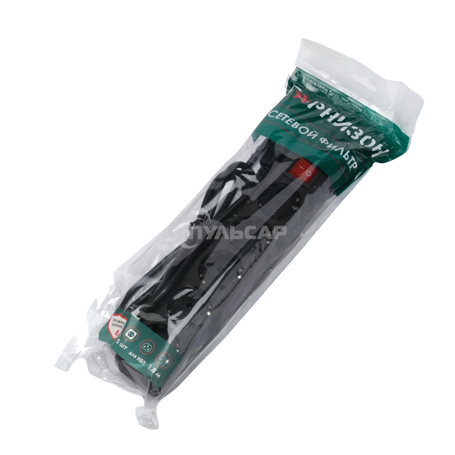 Сетевой фильтр Гарнизон для ИБП, 5р, 10А, 1.8м, ур.защиты 4, черный, пакет