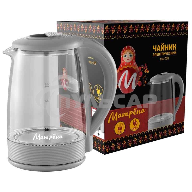 Чайник электрический Матрена MA-009 2 л стекло,пластик,серый