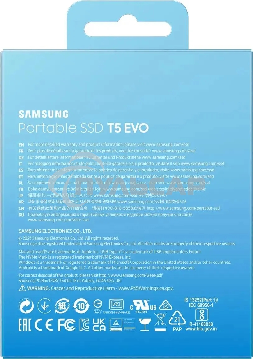 Внешний SSD Samsung T5 EVO, 2TB, USB 3.2 Gen 1 Type-C, R/W 460/460, черный