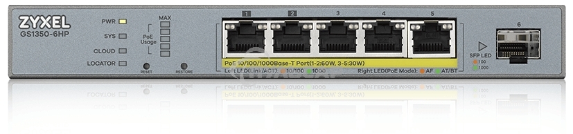 Коммутатор Zyxel GS1350-6HP, 4xGE PoE+, 1xGE PoE++ (802.3bt), 1xSFP, бюджет PoE 60 Вт, дальность передачи питания до 250 м, автоперезагрузка PoE-портов, повышенная защита от перенапряжений и электростатических р