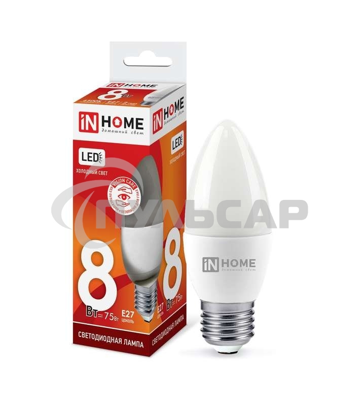Лампа светодиодная LED-СВЕЧА-VC 8Вт 230В E27 6500К 720лм IN HOME 4690612024820