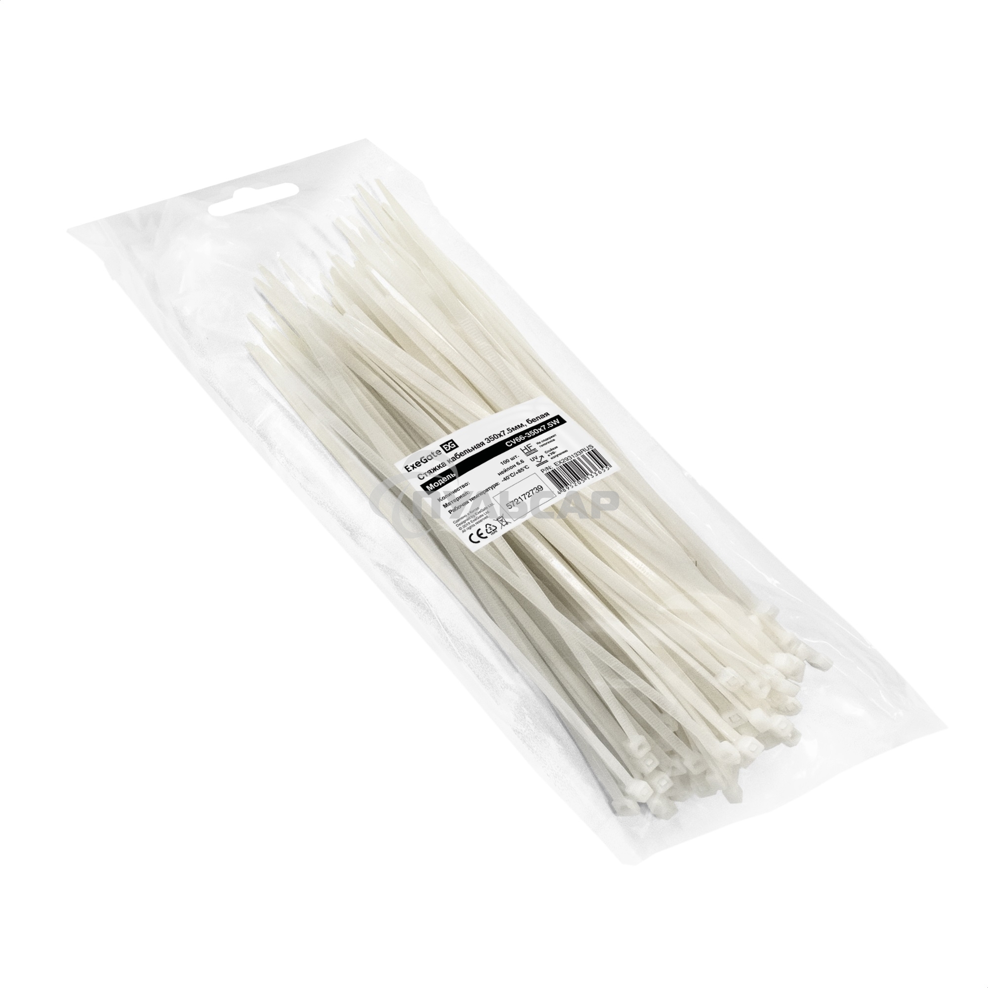 Стяжка (хомут) нейлоновая ExeGate EX293133RUS CV66-350x7.5W (нейлон 6.6, 350x7.5мм, неоткрывающаяся, halogen free, -40°C - +85°C, белая, 100 шт)