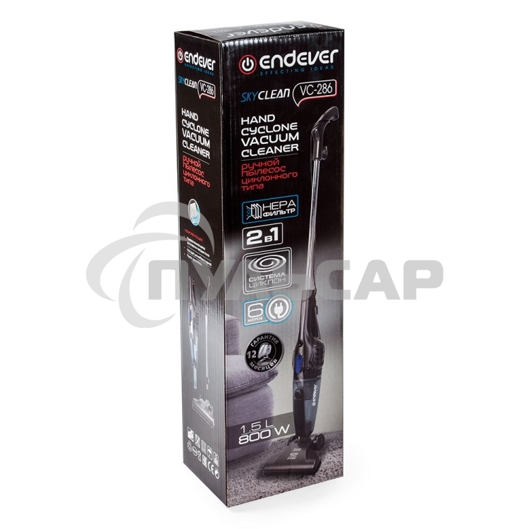 Пылесос вертикальный Endever VC-286 серый, питание от сети, 100 Вт, уборка сухая, пылесборник 1.9 л