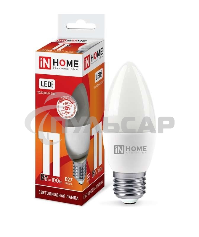 Лампа светодиодная LED-СВЕЧА-VC 11Вт 230В E27 6500К 990лм IN HOME 4690612024868