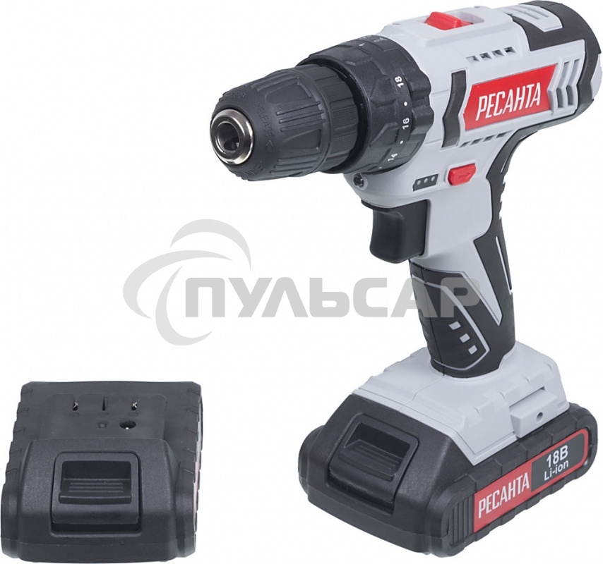 Дрель-шуруповерт Ресанта ДА-18-2ЛК-У 75/14/6, Аккумуляторная, 18В, 2 АКБ, Ударная, Кейс