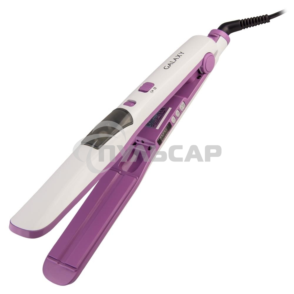 Щипцы для волос Galaxy Line GL 4516, фиолетовый, 45 Вт, максимальная температура 200°С, система ультразвукового распыления воды, съемный резервуар для воды, нагр. элемент с защитой от перегрева, пластины с керам. покрытием, ЖК-дисплей с индикацией темпера