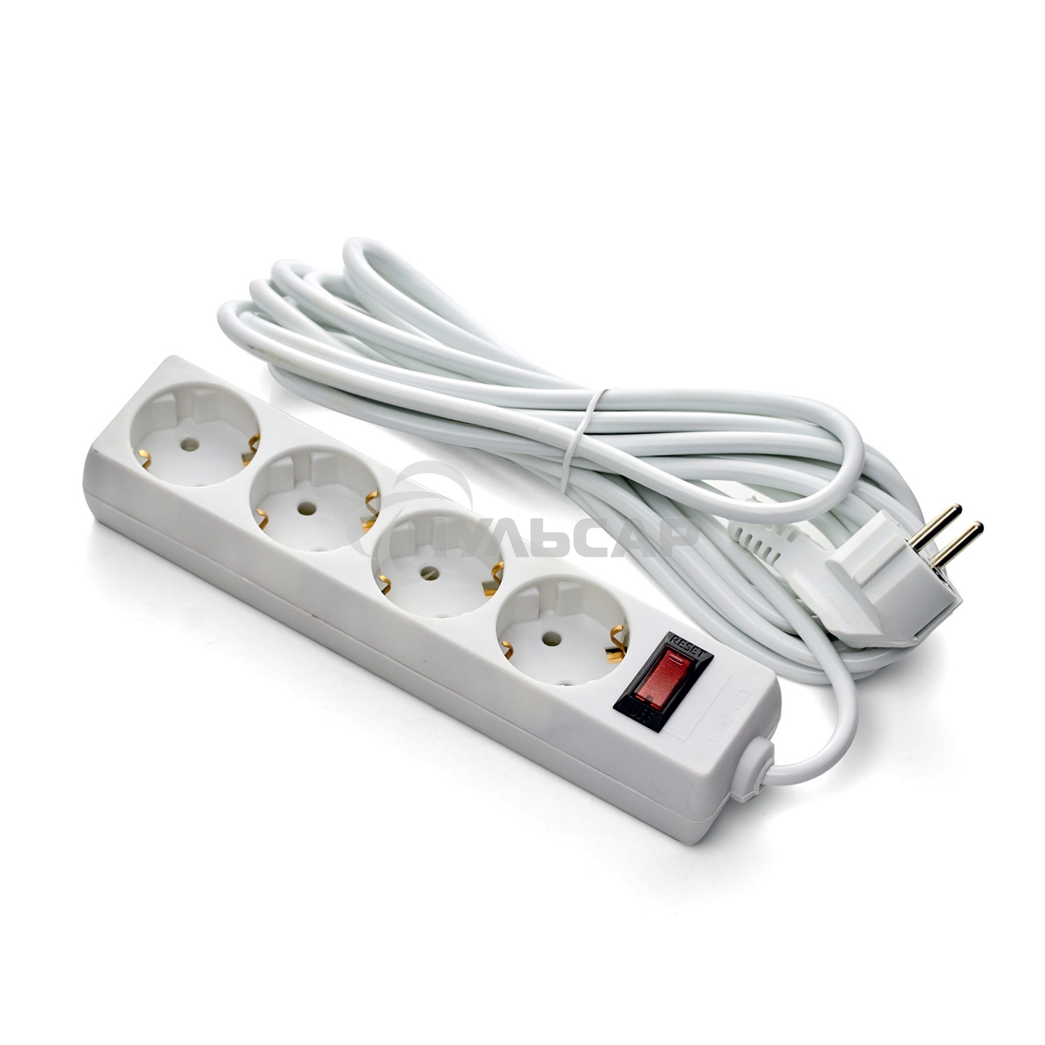 Удлинитель ExeGate EC-4-5W (EX279401RUS), белый, 5 м, евровилка с заземлением, 4 евророзетки с заземлением, 2200 Вт