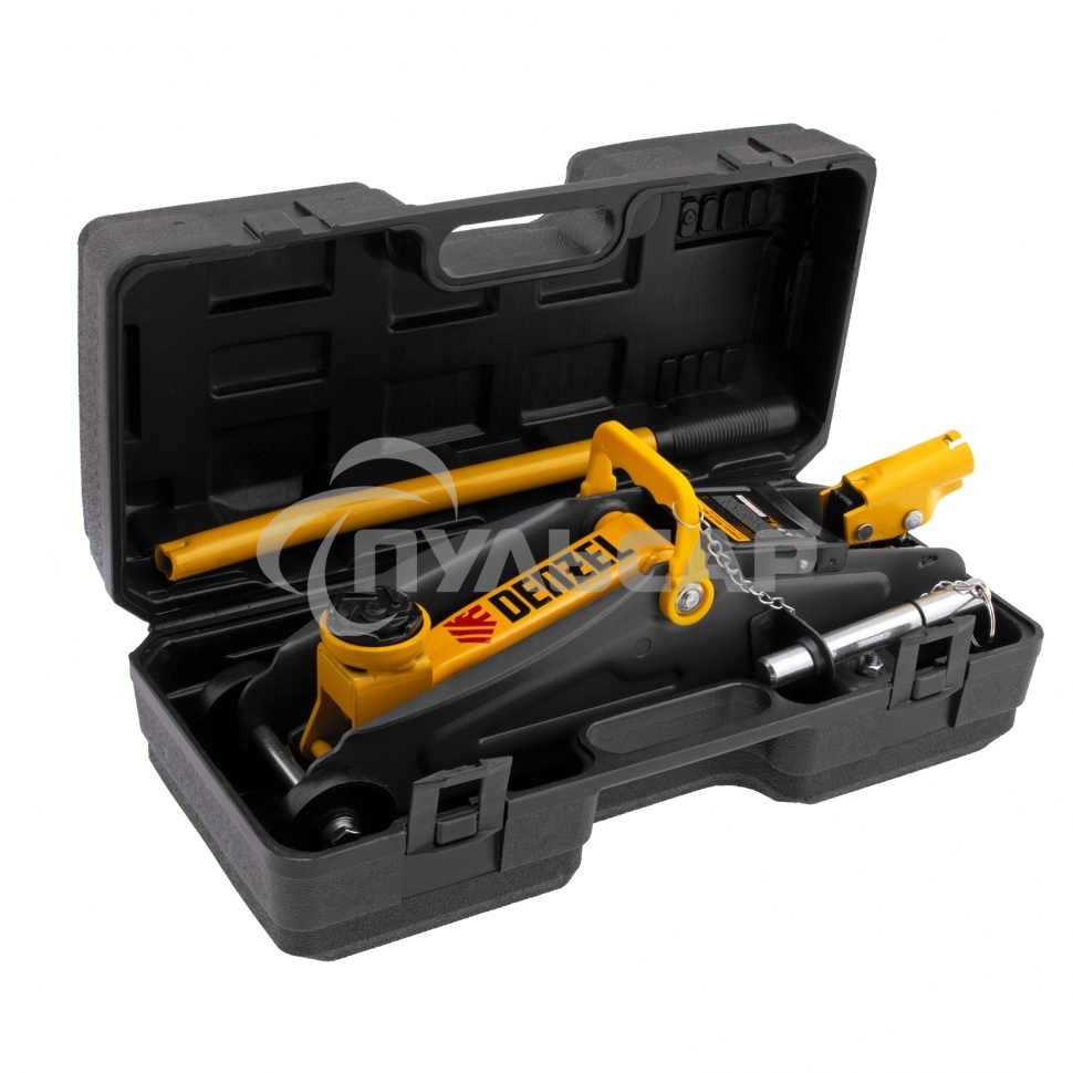 Домкрат гидравлический подкатной с фиксатором Denzel 2 т, 130-330 мм, в кейсе 51154