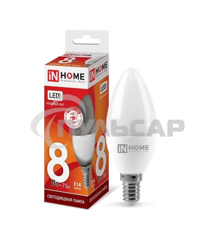 Лампа светодиодная LED-СВЕЧА-VC 8Вт 230В E14 6500К 720лм IN HOME 4690612024806