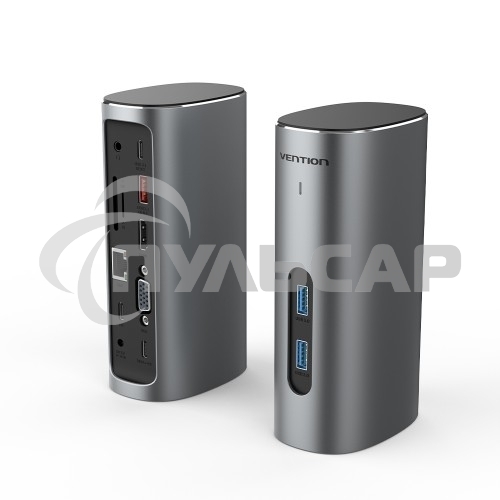 Док-станция Vention USB-C to HDMI/VGA/USB 3.1 Gen 2/USB 3.1 Gen 2-C/USB 3.0x2/RJ45/SD/TF/TRRS 3.5мм/PD/DC Docking Station Gray Vertical Aluminum Alloy Type EU Standard