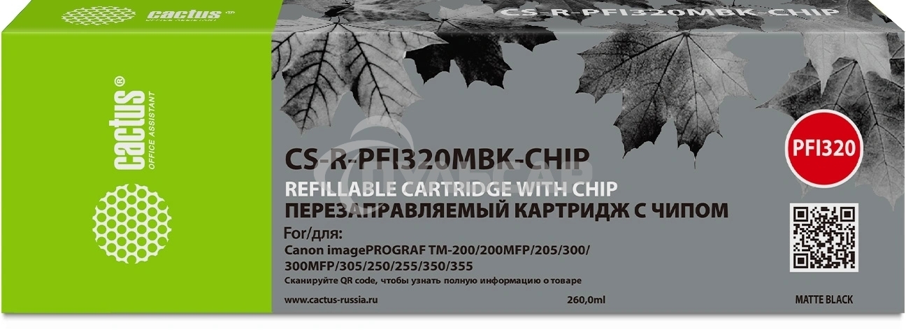 Картридж перезаправляемый струйный Cactus CS-R-PFI320MBK-CHIP PFI-320 черный матовый (260мл) для Canon imagePROGRAF TM-200/200MFP/205/300/300MFP/305/250/255/350/355 с чипом