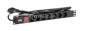 Блок розеток ITK PDU 7 розеток DIN49440 (нем. cтанд.) с LED выключателем, 1U, шнур 2м вилка DIN49441 (нем. станд.), профиль из ПВХ, черный