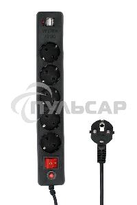 Сетевой фильтр Гарнизон 5р, 10А, 2xUSB, 1.8м, ур.защиты 4, черный, пакет