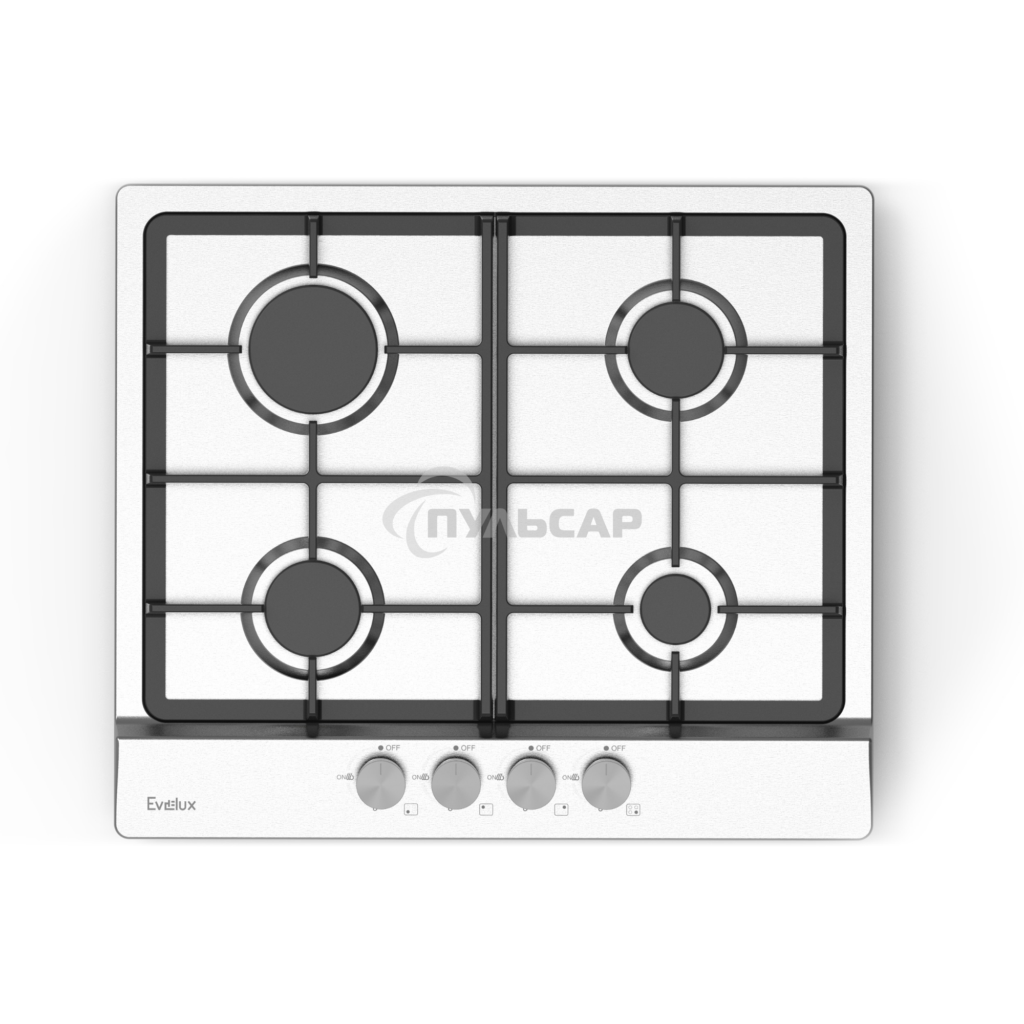 Газовая варочная панель Evelux HEG 633 X Hi-Tech, 60 см, 4 конфорки, чугунные решетки, газ-контроль, электроподжиг, механическое управление, нержавеющая сталь