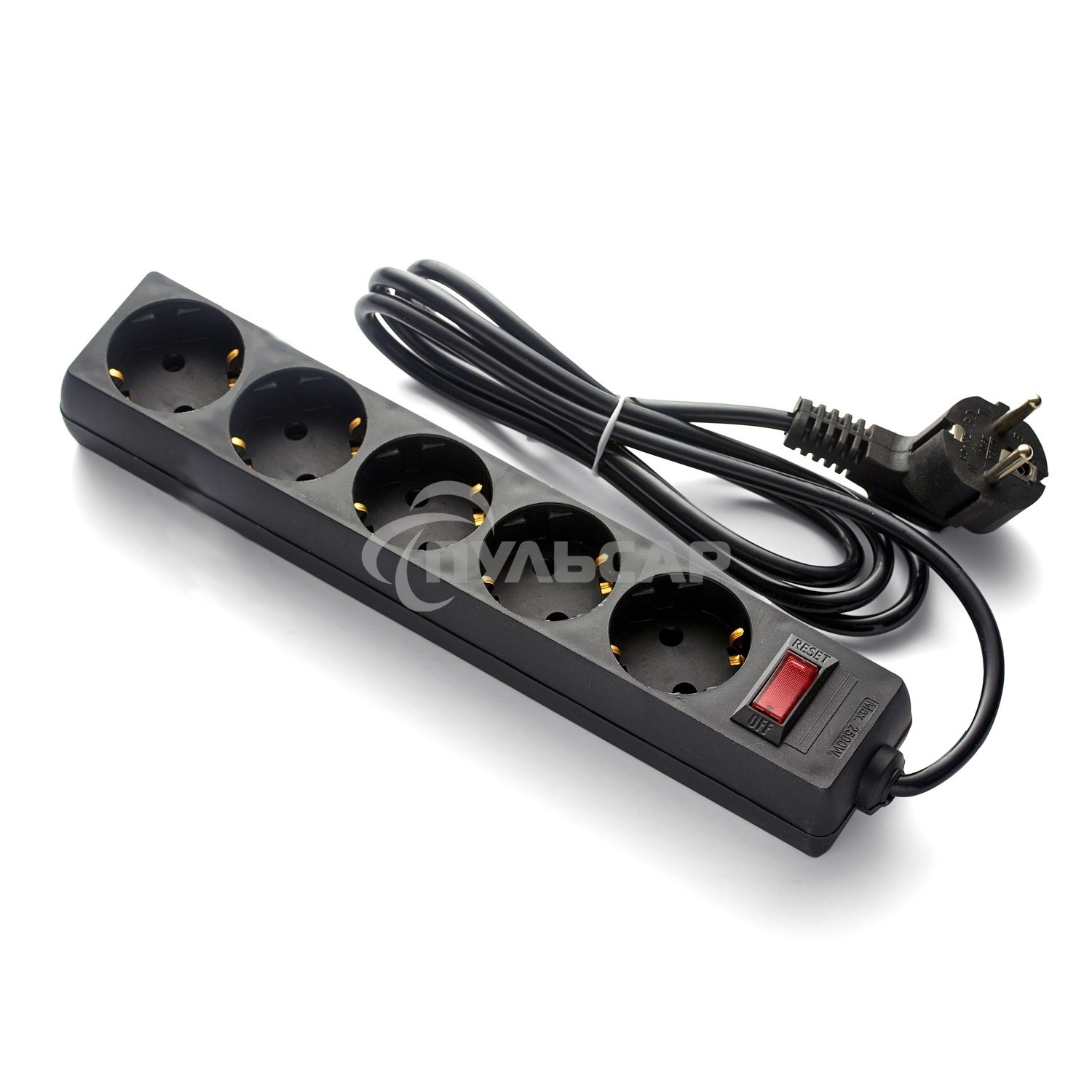 Удлинитель ExeGate EC-5-5B (EX279358RUS), черный, 5 м, евровилка с заземлением, 5 евророзеток с заземлением, 2200 Вт