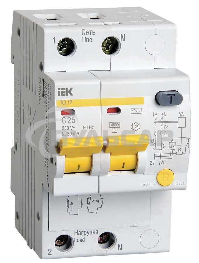 Выключатель автоматический дифференциального тока ИЭК 2п 25А/30мААД-12 MAD10-2-025-C-030