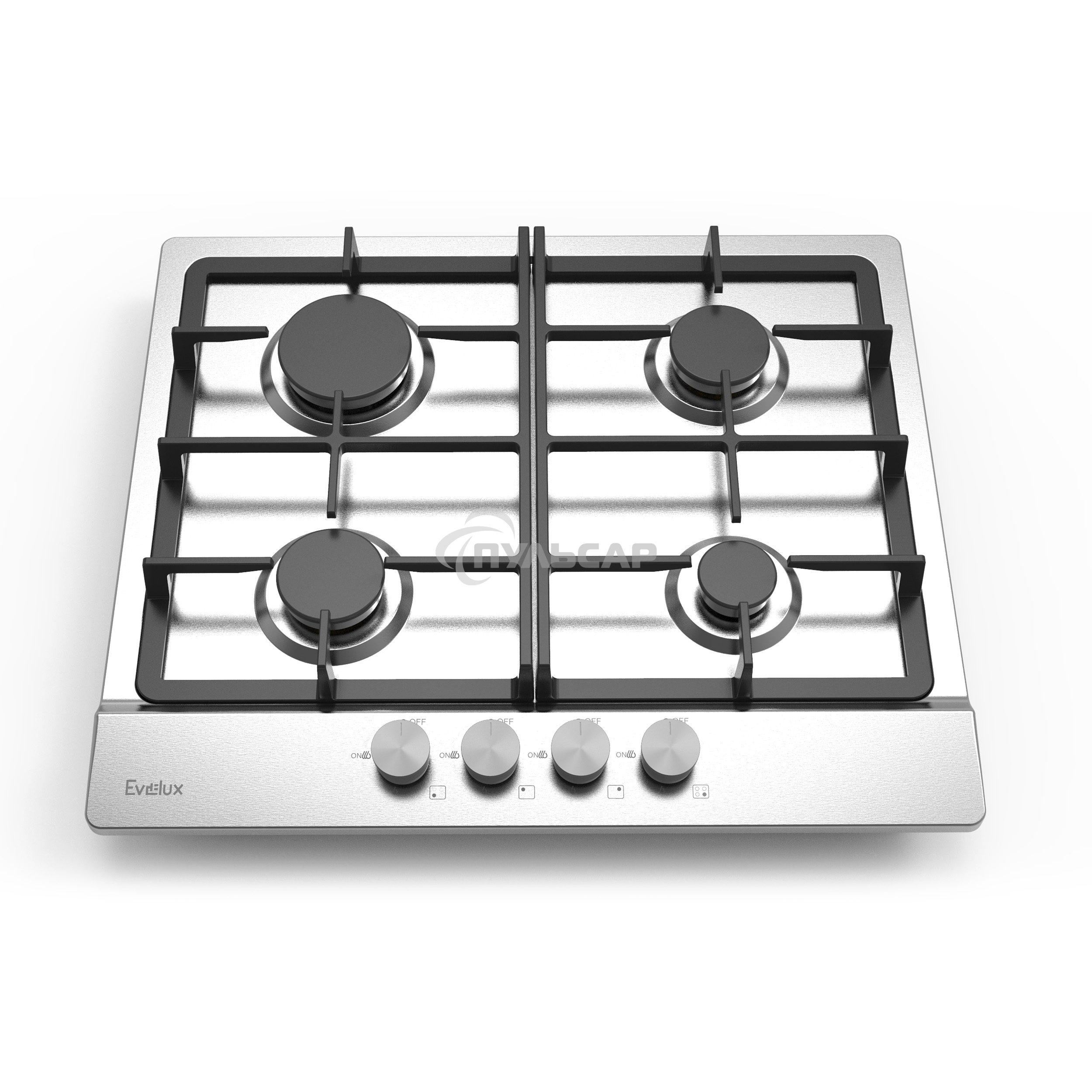 Газовая варочная панель Evelux HEG 633 X Hi-Tech, 60 см, 4 конфорки, чугунные решетки, газ-контроль, электроподжиг, механическое управление, нержавеющая сталь