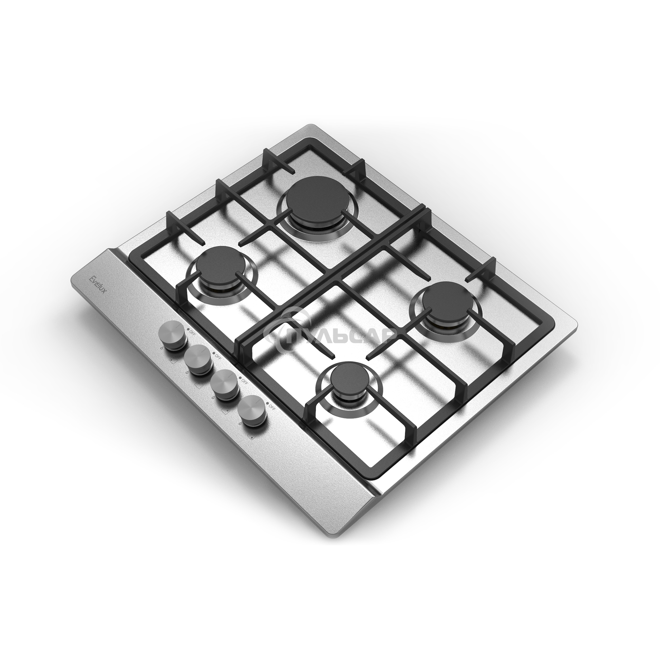 Газовая варочная панель Evelux HEG 633 X Hi-Tech, 60 см, 4 конфорки, чугунные решетки, газ-контроль, электроподжиг, механическое управление, нержавеющая сталь
