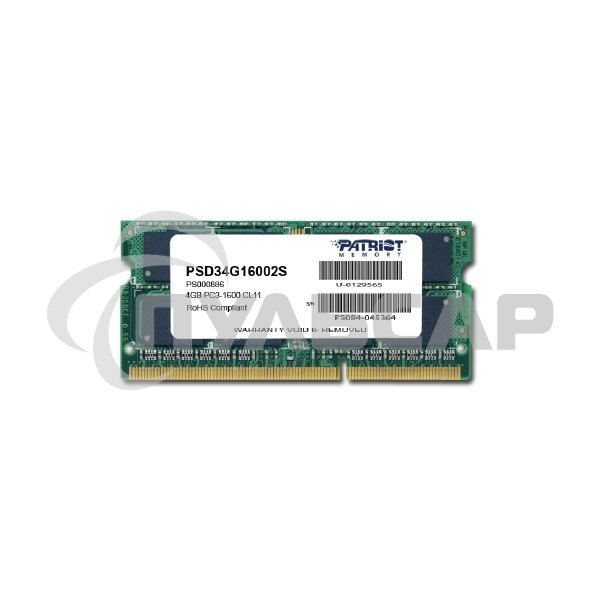 Оперативная память Patriot, DDR3, 4Gb, (1x4 Gb,), 1600 MHz, CL11, SO-DIMM
