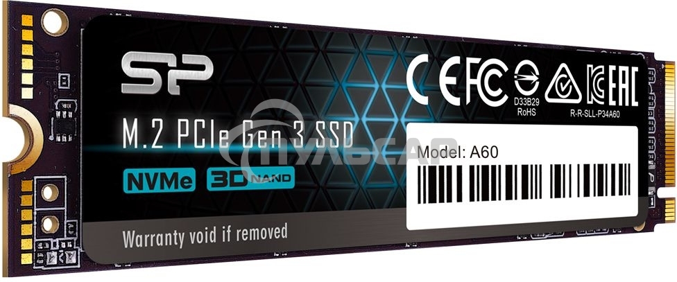 Накопитель SSD Silicon Power P34A60, 2Tb, PCIe 3.0 x4, M.2 2280, NVMe, R/W 2200/1600