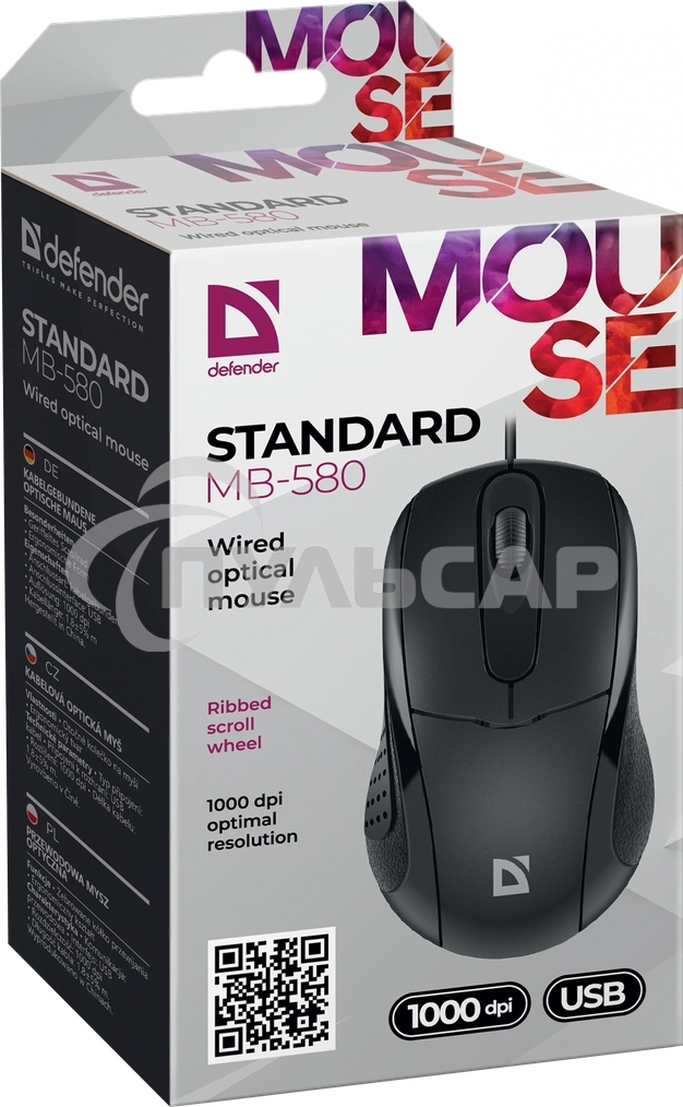 Мышь проводная Defender Standard MB-580 черный, 1000 dpi, USB, кнопки - 3