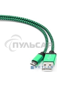 Кабель Gembird USB 2.0 Cablexpert CC-mUSB2gn1m, AM/microBM 5P, 1м, нейлоновая оплетка, алюминиевые разъемы, зеленый, пакет
