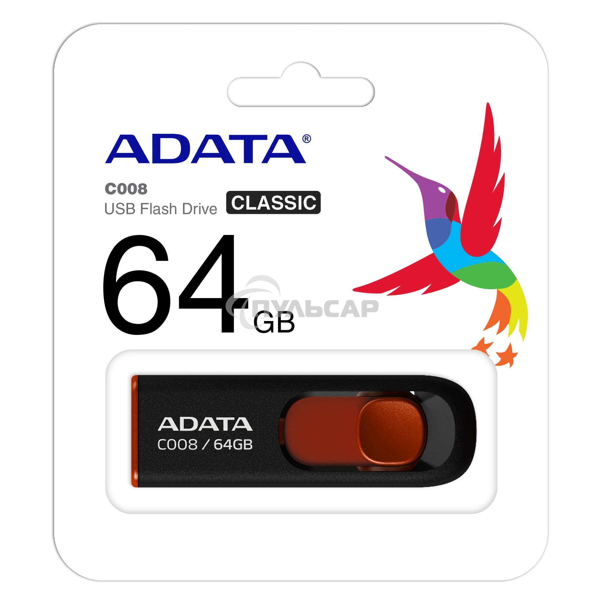 Флешка USB ADATA С008 (AC008-64G-RKD), 64 Gb, USB 2.0, R/W 15/5, черный/красный