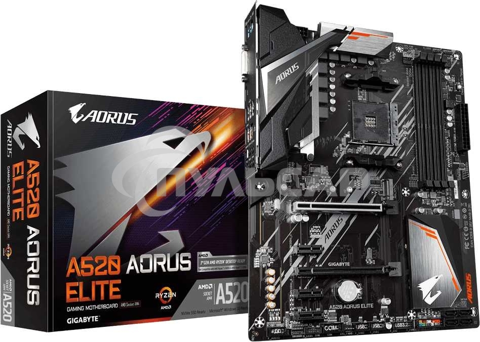 Материнская плата Gigabyte A520 AORUS ELITE, AM4, AMD A520, 4xDDR4, 4xSATA, 1xM.2, 1xPCI-E 3.0 x16, 1xHDMI, 1xDVI-D, 1x 1Gb LAN, 2xUSB 2.0, 4xUSB 3.2 Gen 1, 3x3.5 мм, 7.1, Micro-ATX
