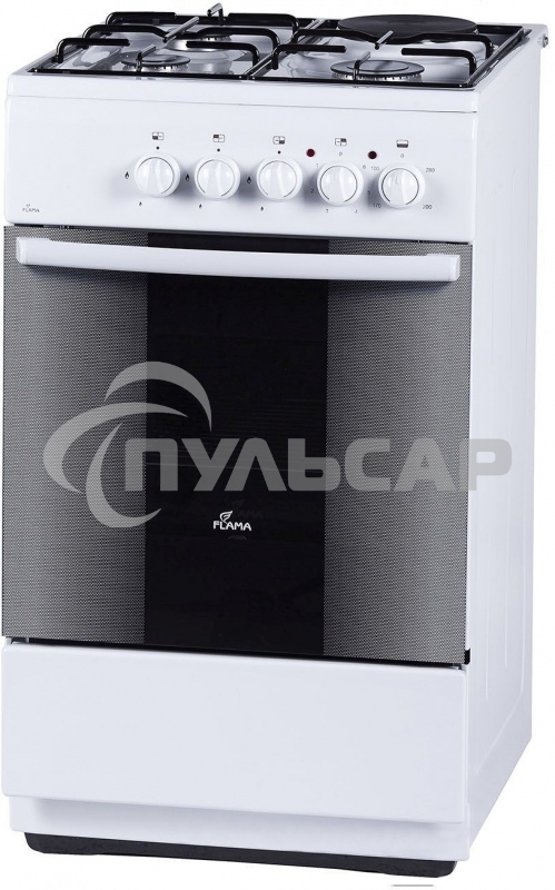 Плита комбинированная Flama RK 23-105 W белый, конфорок 4 шт, духовка 50 л, 50 см x 85 см x 60 см
