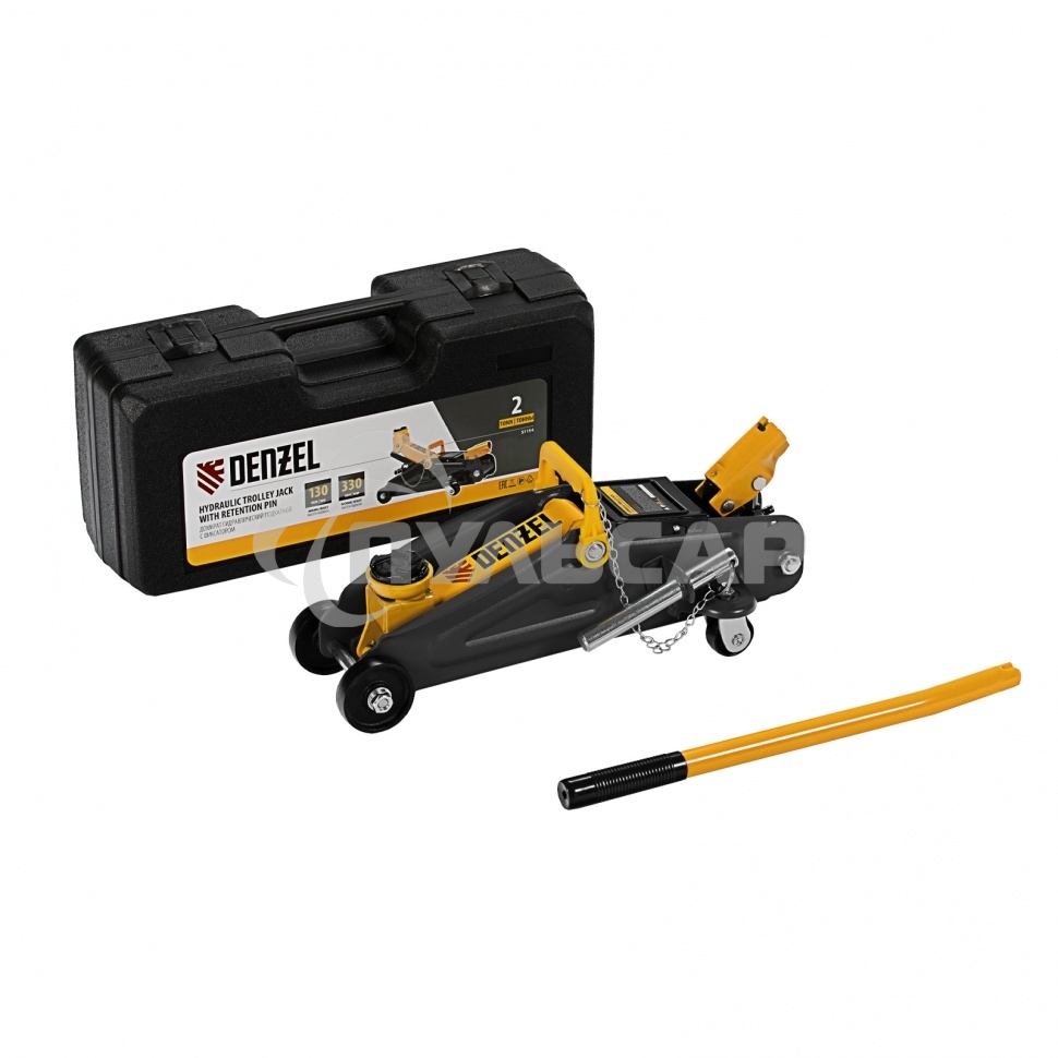 Домкрат гидравлический подкатной с фиксатором Denzel 2 т, 130-330 мм, в кейсе 51154