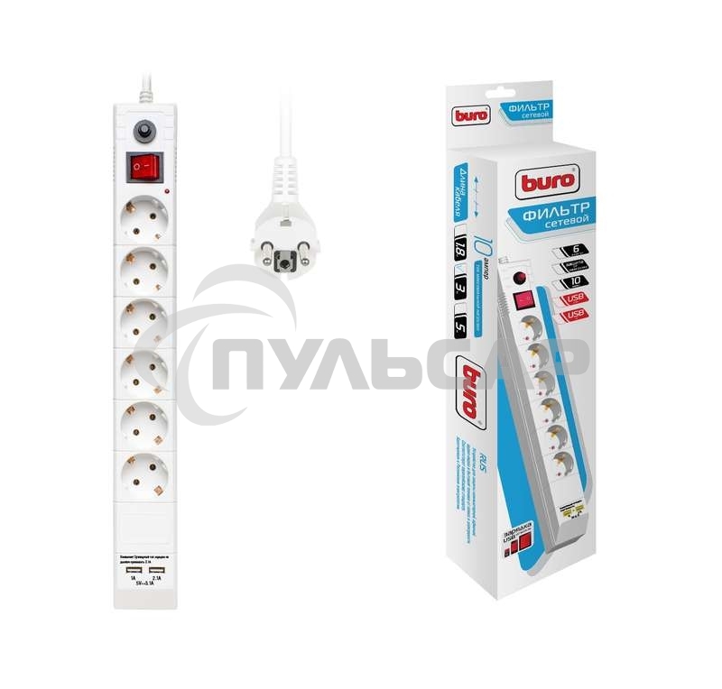 Удлинитель с сетевым фильтром 6х3м с заземл. 10А IP20 BU-SP3 USB 2A-W CCA 3х0.75 белый BURO 992311