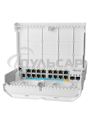 Коммутатор MikroTik netPower 15FR with 800MHz CPU, 256MB RAM, 16 x 10/100Mbps Ethernet ports (15 with Reverse POE-in, 1 with PoE-OUT), 2 x SFP, RouterOS L5 or SwitchOS (dual boot), outdoor enclosure, mounting ki