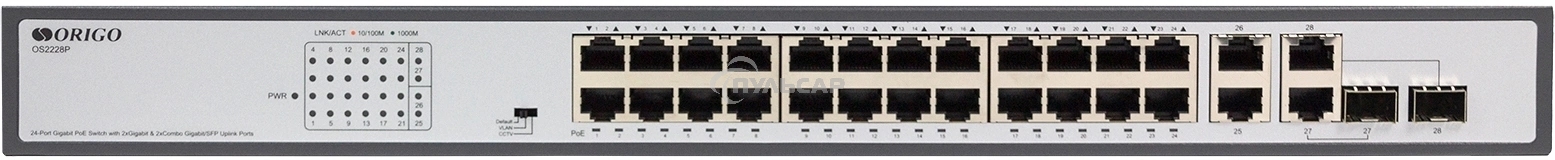 Неуправляемый PoE-коммутатор ORIGO Unmanaged Switch 26x1000Base-T (24x1000Base-T PoE), 2xCombo 1000Base-T/SFP, PoE Budget 370W, Long-range PoE up to 250m, 19