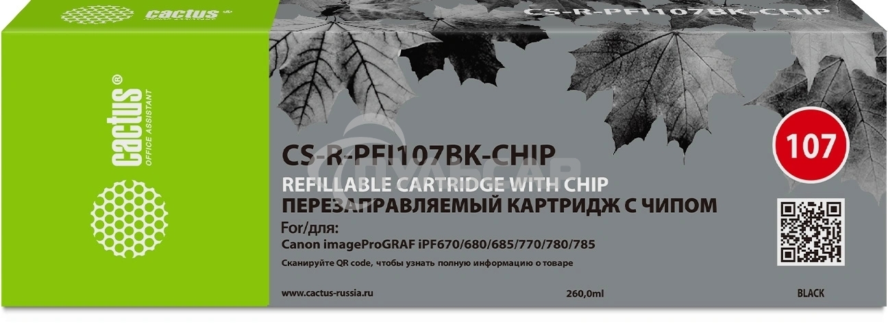 Картридж перезаправляемый струйный Cactus CS-R-PFI107BK-CHIP (260мл) для Canon imageProGRAF iPF670/680/685/770/780/785 с чипом