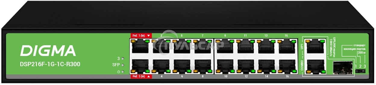Коммутатор Digma DSP216F-1G-1C-R300 (L2) 16x100Мбит/с 1x1Gbит/с 1xКомбо(1000BASE-T/SFP) 16PoE 16PoE+ 2PoE++ 300W неуправляемый