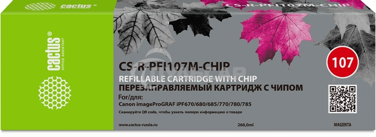 Картридж перезаправляемый струйный Cactus CS-R-PFI107M-CHIP пурпурный для Canon imageProGRAF iPF670/680/685/770/780/785