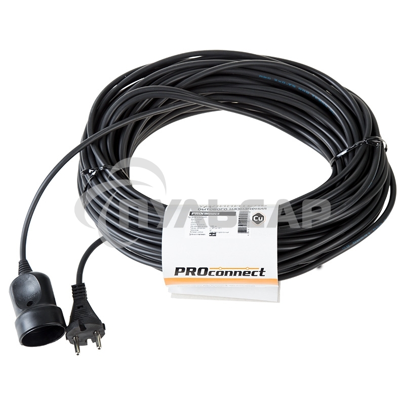 Удлинитель-шнур PROconnect ПВС 2х0.75, 30 м, б/з, 6 А, 1300 Вт, IP20, черный (Сделано в России)