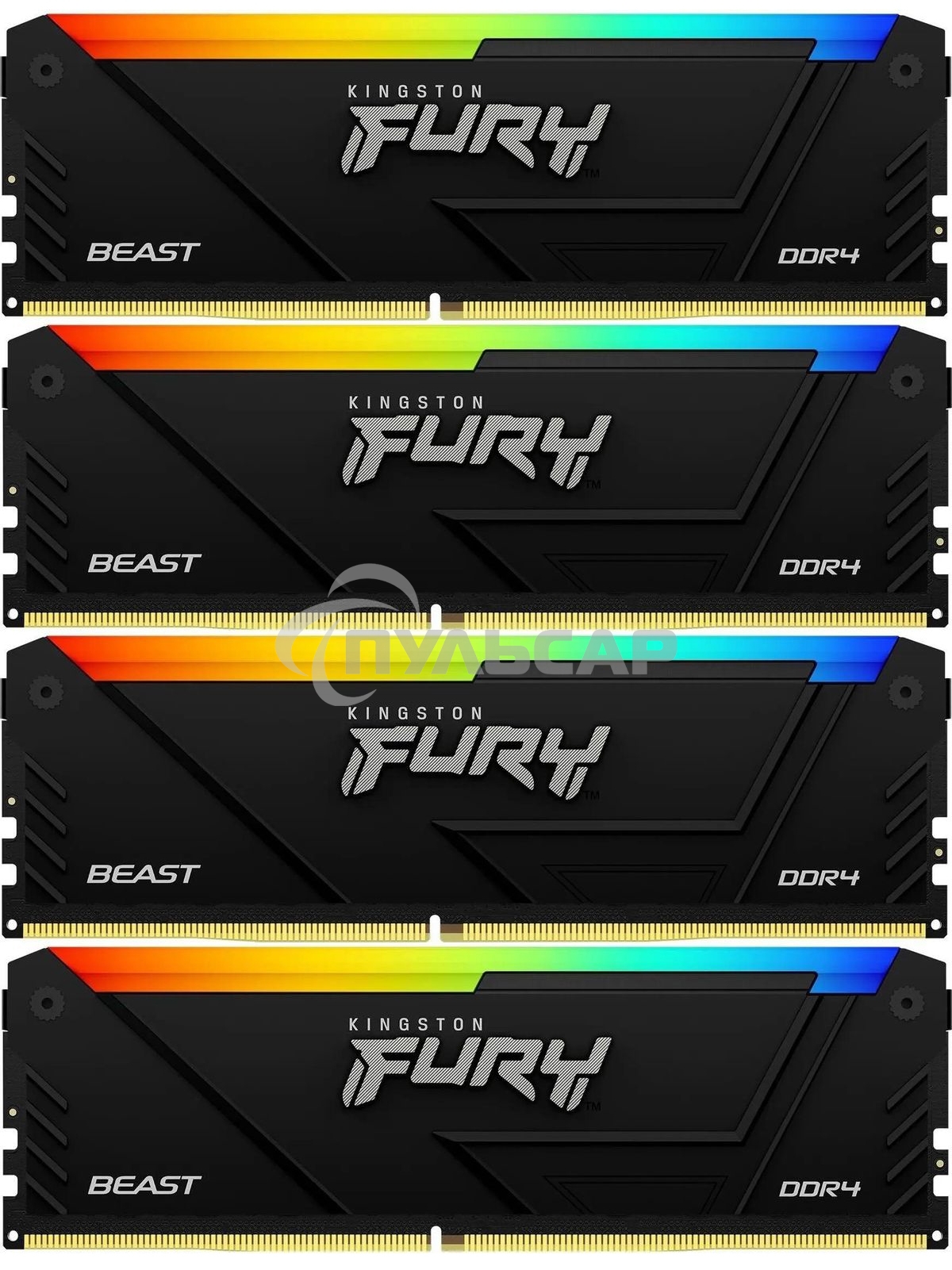 Оперативная память Kingston Fury Beast, DDR4, 32Gb (4x8Gb), 3600MHz, CL17, DIMM, с радиаторами, RGB, черный