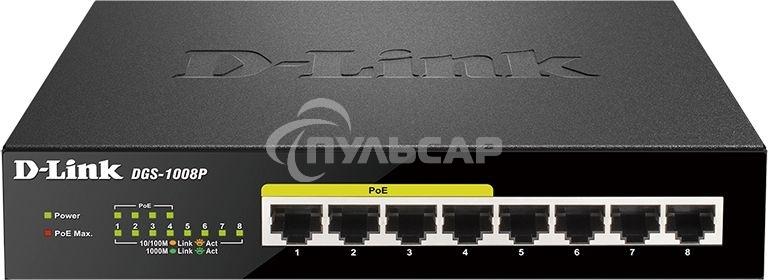 Коммутатор Unmanaged Switch with 8 10/100/1000Base-T ports (4 PoE ports 802.3af/802.3at (30 W), PoE Budget 68).8K Mac address, Auto-sensing, 802.3x Flow Control, Stand-alone, Auto MDI/MDI-X for each port, D-link Green technology, Metal case.Manual + Exter