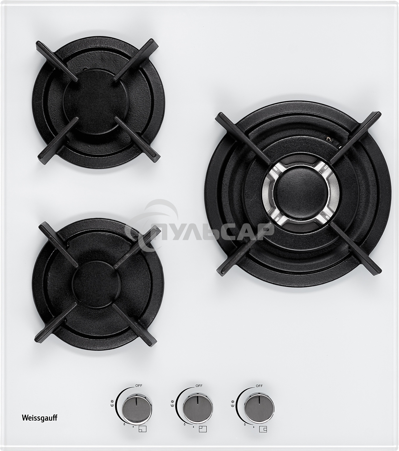 Газовая варочная панель Weissgauff HGG 451 WGh, закаленное стекло, электроподжиг, газ-контроль, чугунные решетки, подставка WOK, белая