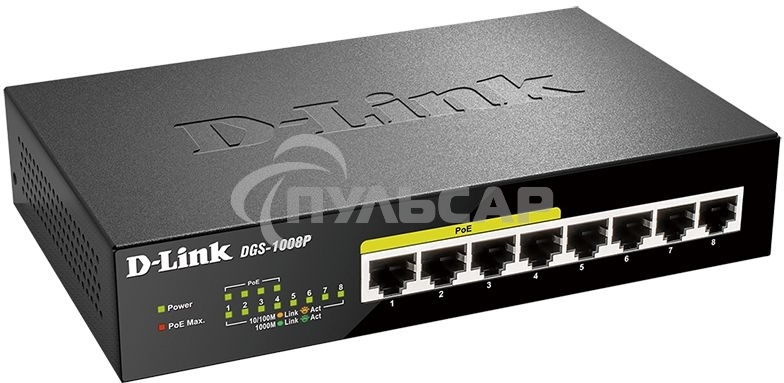 Коммутатор Unmanaged Switch with 8 10/100/1000Base-T ports (4 PoE ports 802.3af/802.3at (30 W), PoE Budget 68).8K Mac address, Auto-sensing, 802.3x Flow Control, Stand-alone, Auto MDI/MDI-X for each port, D-link Green technology, Metal case.Manual + Exter