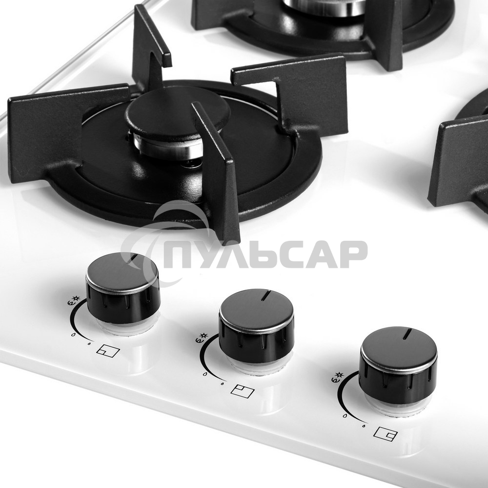 Газовая варочная панель Weissgauff HGG 451 WGh, закаленное стекло, электроподжиг, газ-контроль, чугунные решетки, подставка WOK, белая