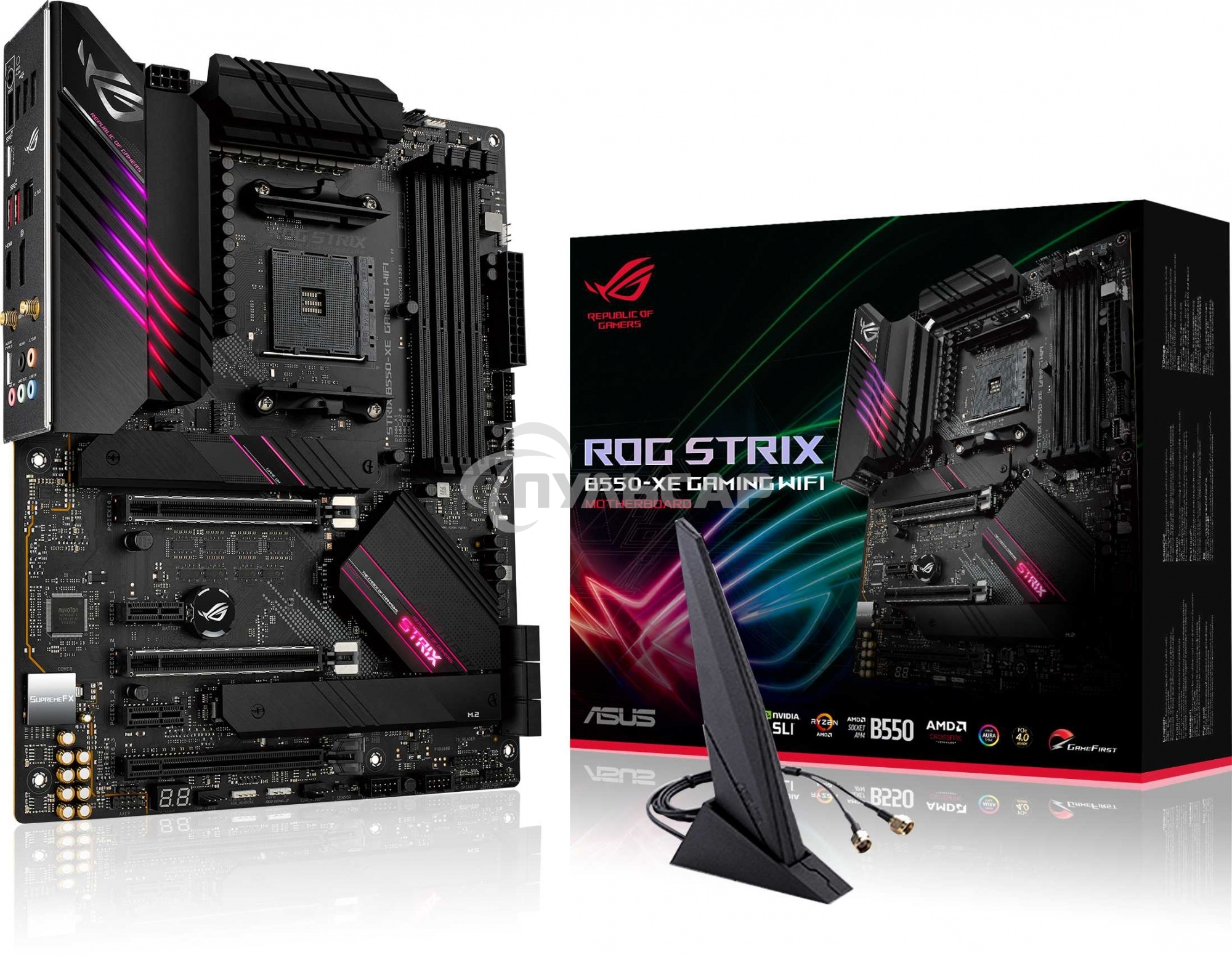 Материнская плата ASUS ROG STRIX B550-XE GAMING WIFI, AM4, AMD B550, 4xDDR4, 6xSATA, 2xM.2, 1xPCI-E 4.0 x16, 1xPCI-E 4.0 x8, 1xPCI-E 3.0 x4, 1xHDMI, 1xDP, 1x 2.5Gb LAN, 2xUSB-A 3.2 Gen 2, 1xUSB-C 3.2 Gen 2, 4xUSB 2.0, 5x3.5 мм, 7.1, Standard-ATX