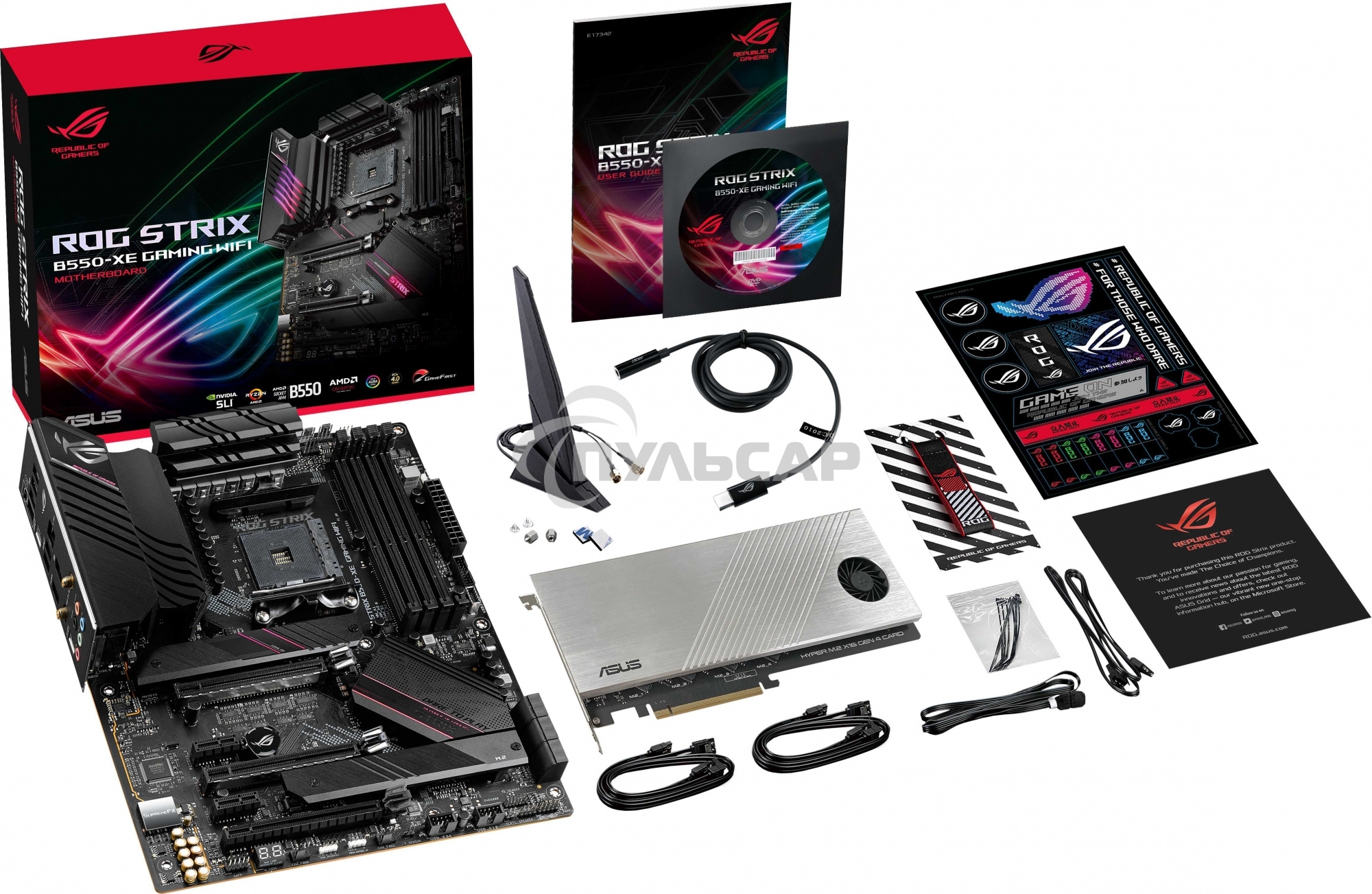 Материнская плата ASUS ROG STRIX B550-XE GAMING WIFI, AM4, AMD B550, 4xDDR4, 6xSATA, 2xM.2, 1xPCI-E 4.0 x16, 1xPCI-E 4.0 x8, 1xPCI-E 3.0 x4, 1xHDMI, 1xDP, 1x 2.5Gb LAN, 2xUSB-A 3.2 Gen 2, 1xUSB-C 3.2 Gen 2, 4xUSB 2.0, 5x3.5 мм, 7.1, Standard-ATX