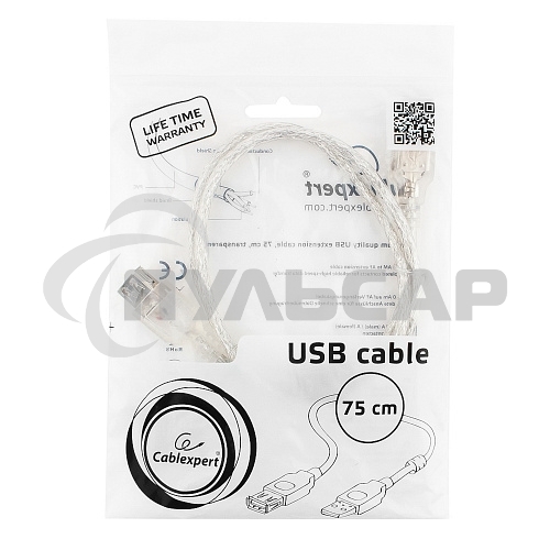 Кабель-удлинитель USB2.0 Pro Cablexpert CCF-USB2-AMAF-TR-0.75M, AM/AF, 0,75м, экран, 2феррит.кольца, прозрачный, пакет