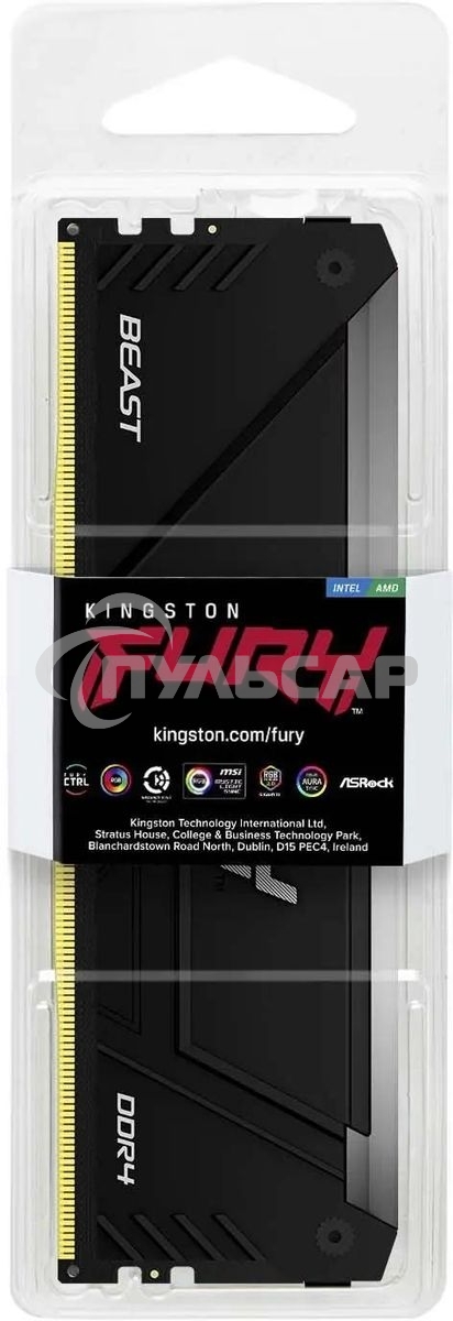 Оперативная память Kingston Fury Beast, DDR4, 16Gb (1x16Gb), 3600MHz, CL18, DIMM, с радиатором, RGB, черный
