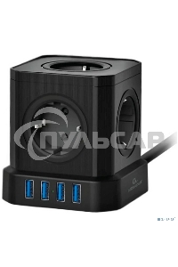 Сетевой фильтр Cablexpert Tower, TWR-5-U4-B-2, 5р, 10А, 4хUSB, 3.1А, 2м, ур.защиты 4+, черный, коробка